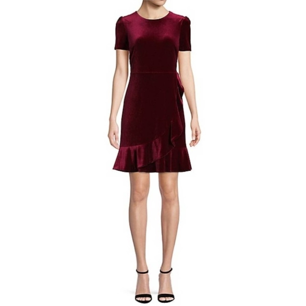 Karl Lagerfeld Velour Velvet Ruffle Hem Red Sheath Dress Sz 8
